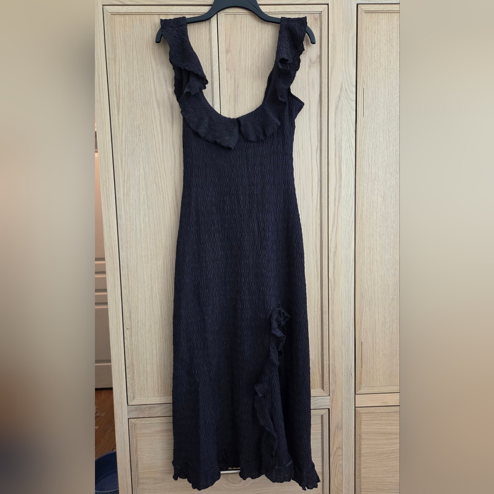 Free People Twisted Game Midi Dress Ruffle Neck Stretch Low Back Slit - Picture 5 of 8